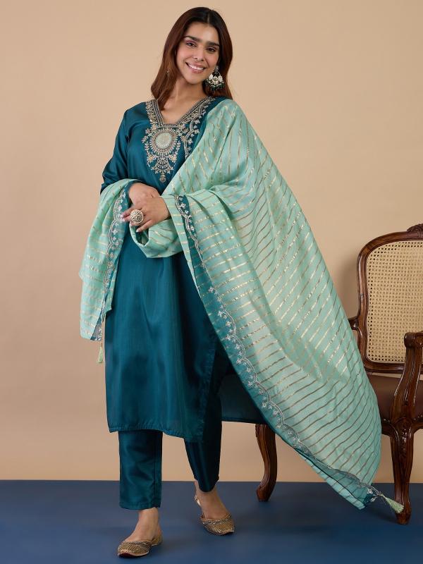 VP 9839 T Women’s Floral Embroidery Silk Straight Kurta Pant with Chanderi Dupatta 3pc Set